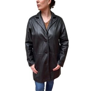 VINTAGE 90S JONES NEW YORK OVERSIZED BLACK LEATHER BUTTON DOWN DRIVING CAR COAT